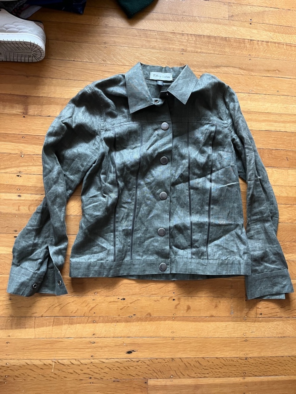 D’Arcy Couture 100% linen silk army green olive shirt jacket shacket 6 M